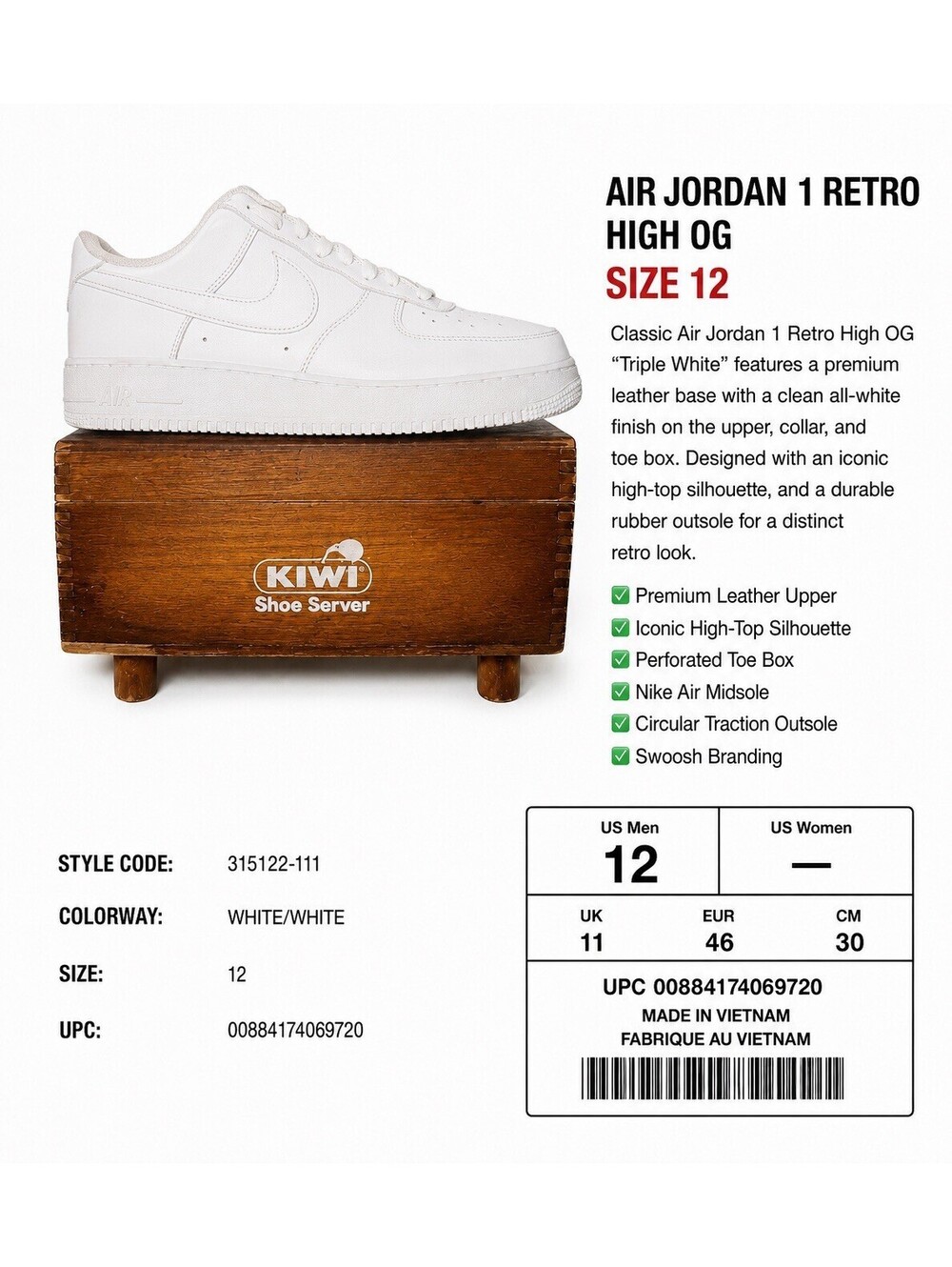 Nike Air Force 1 ’07 Triple White Sz 12 Mens 315122-111 Low Top Shoes Clean